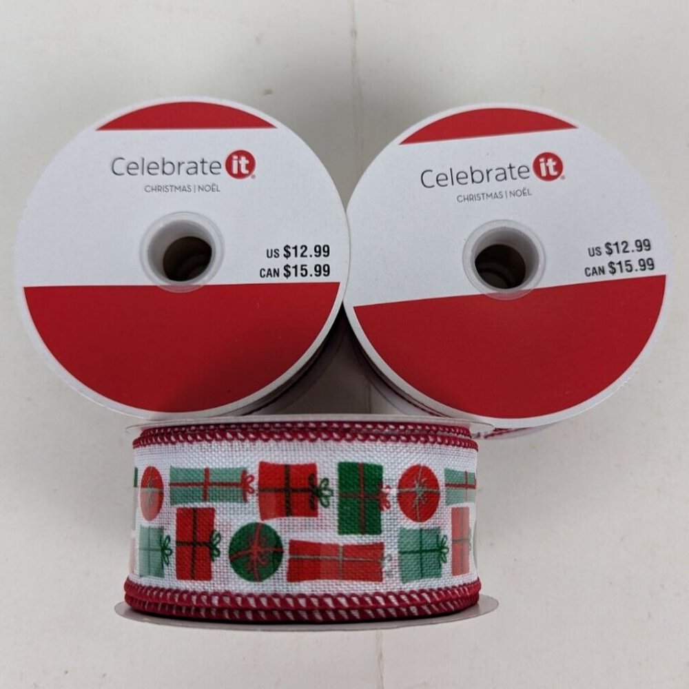 Christmas Presents Gifts‎ Wired Holiday Ribbon 1 1/2 In 30 Ft Celebrate Lot of 3